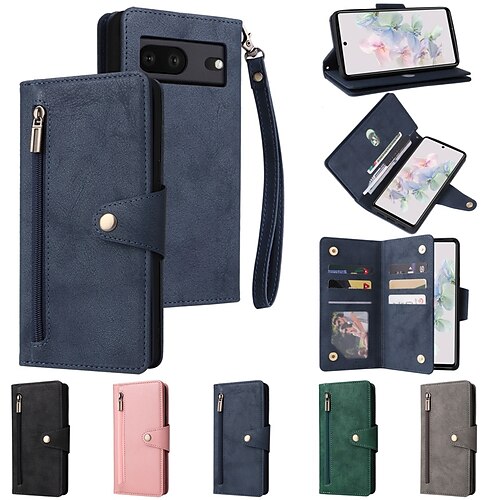 

Phone Case For Google Wallet Card Pixel 7 Pro Pixel 6 Zipper with Wrist Strap Card Holder Slots Solid Colored TPU PU Leather