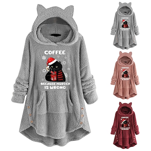 

Inspired by Animal Cat Sweatshirt Cat Ear Fleece Hoodie Anime Pront Pocket Teddy Plain Button Hoodie For Women's Adults' Hot Stamping Flannel Casual Daily