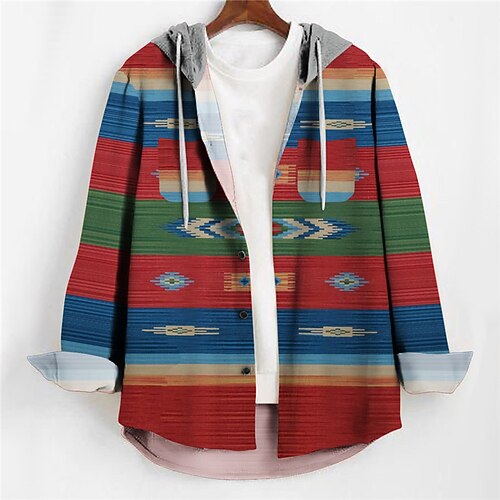 

Men's Shirt Tribal Graphic Prints Geometry Hooded Red Gray Outdoor Street Long Sleeve Print Clothing Apparel Vintage Designer Ethnic Style Casual