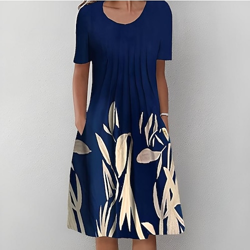 

Women's Casual Dress Shift Dress Midi Dress Navy Blue Short Sleeve Floral Ruched Spring Summer Crew Neck Basic Daily Vacation Weekend 2023 S M L XL XXL 3XL