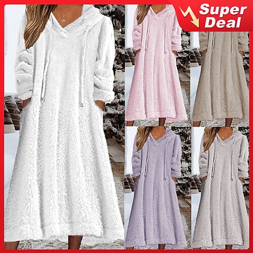 

Women's Fleece Sweatshirt Dress Winter Dress White Dress Midi Dress White 3/4 Length Sleeve Pure Color Pocket Winter Fall Hooded Casual Modern 2022 S M L XL 2XL 3XL