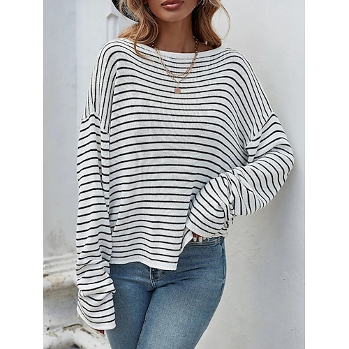 

Women's Pullover Sweater Jumper Jumper Ribbed Knit Open Back Striped Crew Neck Stylish Casual Outdoor Daily Fall Spring White S M L