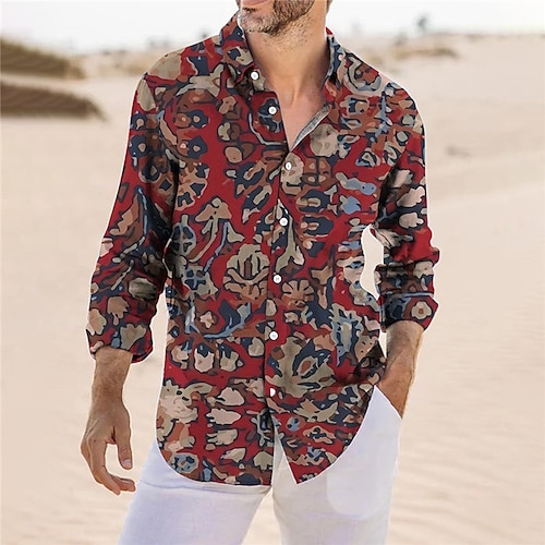 

Hombre Camisa Tribal Estampados Cosecha Cuello Vuelto Rojo Gris Exterior Calle Manga Larga Abotonar Estampado Ropa Vintage Moda Ropa de calle Design