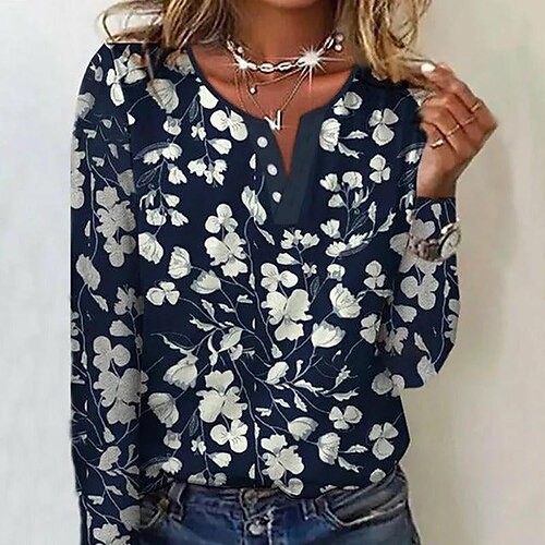 

Damen T Shirt Marineblau Blumen Taste Bedruckt Langarm Casual Festtage Basic V Ausschnitt Standard Blume S