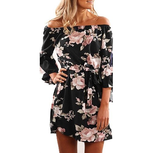 

Dame Uformell kjole Print kjole Blomstret Blondér Åpen rygg Løse skuldre Mini kjole Mote utendørs Ferie 3/4 ermer Normal Grønnblå Svart Sommer Vår S M L XL XXL