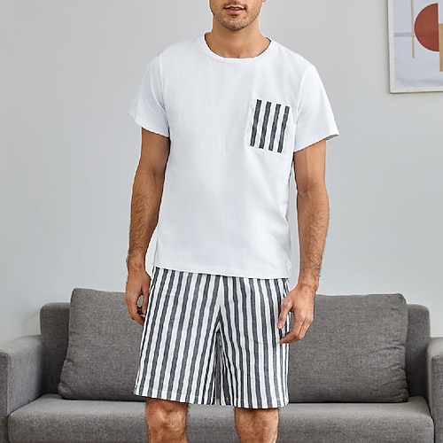 

Herre lounge Pyjamas Sett Pyjamas topp og shorts 1set Stripe Stilfull Fritid Hjem Daglig Seng Bomull Pustende Myk Crew-hals Kortermet T skjorte Shorts Elastisk midje Vår Sommer Hvit Blå