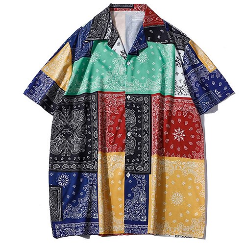 

Men's Shirt Summer Hawaiian Shirt Color Block Tribal Graphic Prints Turndown Blue Casual Holiday Short Sleeve Button-Down Print Clothing Apparel Tropical Fashion Hawaiian Soft