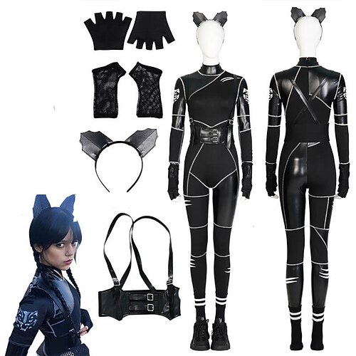 

Wednesday Addams Wednesday Zentai Suits Outfits Women's Movie Cosplay Cosplay Black Gloves Zentai Headwear Carnival Masquerade Polyester