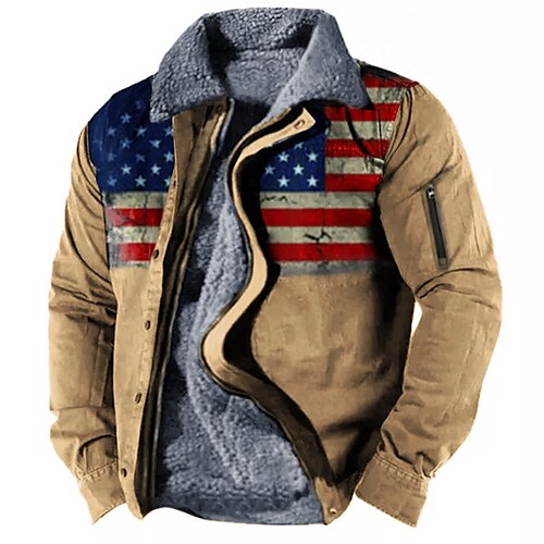 

Men's Jacket Fleece Lining With Pockets Daily Wear Vacation Going out Zipper Turndown Streetwear Sport Casual Daily Jacket Outerwear National Flag Print Wine Purple khaki