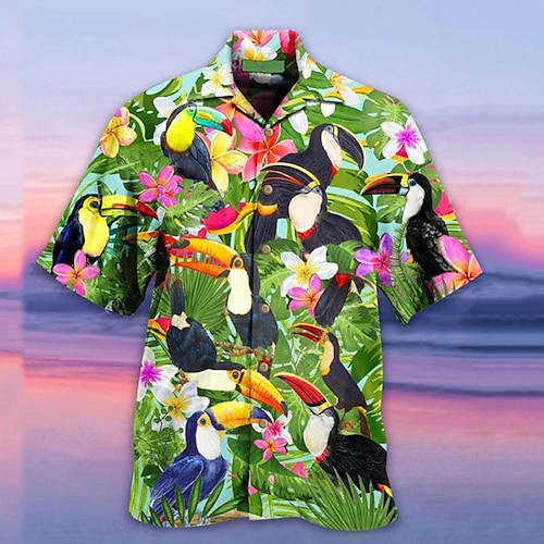 

Men's Shirt Summer Hawaiian Shirt Floral Graphic Prints Parrot Turndown Green Casual Holiday Short Sleeve Button-Down Print Clothing Apparel Tropical Fashion Hawaiian Soft