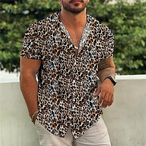 

Herre Skjorte Hawaii skjorte Leopard Grafiske tryk Aftæpning Gul Blå Gade Afslappet Kort Ærme Knap ned Trykt mønster Tøj Tropisk Mode Hawaiiansk Designer