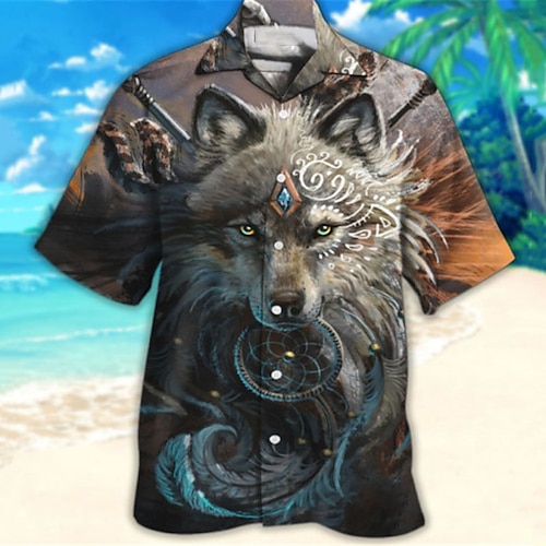 

Men's Shirt Summer Hawaiian Shirt Animal Wolf Graphic Prints Turndown Gray Casual Holiday Short Sleeve Button-Down Print Clothing Apparel Tropical Fashion Hawaiian Soft