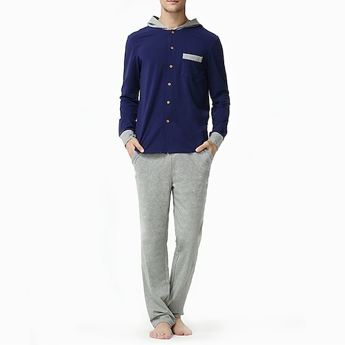 

Herre Loungewear Pyjamas Sæt Pyjamas top og bukser 1set Vanlig Stilfuld Afslappet Hjem Daglig Seng Polyester Åndbart Blød Hættetrøje Langærmet Bukse Lomme Efterår Forår Navyblå