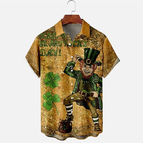 

Men's Shirt Summer Hawaiian Shirt Cartoon Letter Saint Patrick Day St. Patrick's Day Clover Turndown Brown Outdoor Street Short Sleeves Button-Down Print Clothing Apparel Tropical Fashion Hawaiian