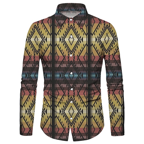 

Men's Shirt Graphic Prints Geometry Turndown Yellow Blue Outdoor Street Long Sleeve Button-Down Print Clothing Apparel Vintage Fashion Streetwear Designer