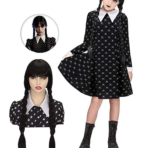 

Kid's Wednesday Addams Floral Black Dress Plaits Pigtails Wig For Girls Goth Girl Addams family A-Line Dress Movie Cosplay Costume Gothic Little Black Dress Masquerade Carnival World Book Day Costumes