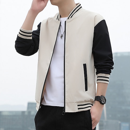 

Men's Lightweight Jacket Summer Jacket Varsity Jacket Durable Casual / Daily Daily Wear Vacation To-Go Zipper Standing Collar Comfort Leisure Jacket Outerwear Color Block Pocket Black Green Beige