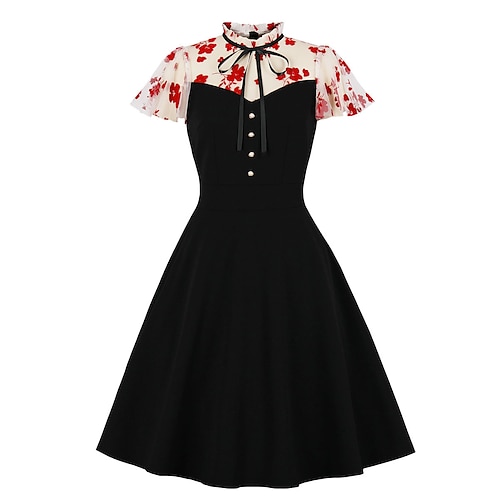 

Dame Elegant Retro Rød Vintage kjole Mini kjole utendørs Ferie Lapper Knapp Blomstret V-hals Kortermet Normal Sommer Vår 2023 Svart S M L XL