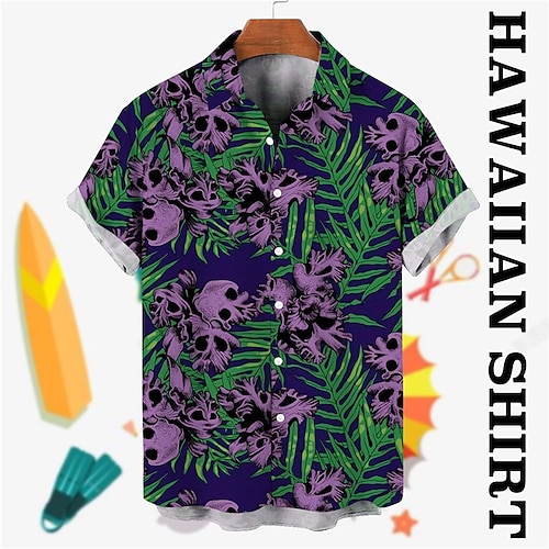 

Men's Shirt Summer Hawaiian Shirt Floral Skull Graphic Prints Turndown Red Purple Street Casual Short Sleeves Button-Down Print Clothing Apparel Tropical Fashion Hawaiian Designer