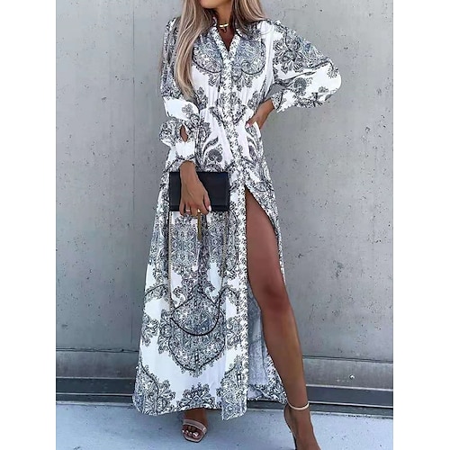 

Dame Lang kjole Maxikjole Hverdagskjole Swing Kjole Print kjole Blomstret Mode Afslappet udendørs Daglig Ferierejse Trykt mønster Langærmet V-hals Kjole Regulær Grøn Grå Efterår Forår S M L XL XXL