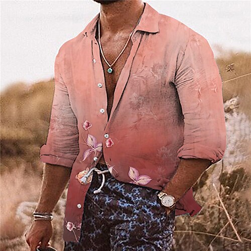 

Men's Shirt Floral Gradient Graphic Prints Turndown Yellow Pink Outdoor Street Long Sleeve Button-Down Print Clothing Apparel Tropical Sports Boho Streetwear