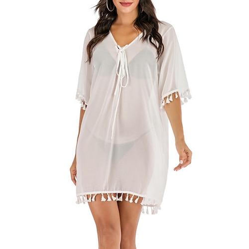 

copricostume da donna abito da spiaggia abbigliamento da spiaggia mini abito allacciato nappa frangia tropicale casual tinta unita scollo a V mezza manica vestibilità ampia per uscire spiaggia