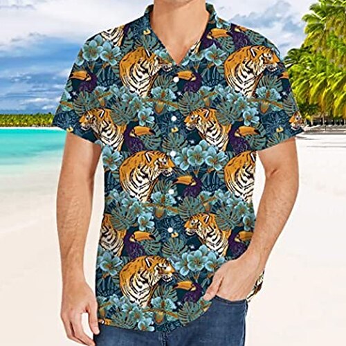 

Men's Shirt Summer Hawaiian Shirt Floral Tiger Graphic Prints Turndown Blue Street Casual Short Sleeves Button-Down Print Clothing Apparel Tropical Fashion Hawaiian Designer