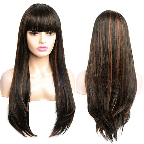 

brune parykker til sorte kvinder lang lige paryk med pandehår naturlig mode 2 toner off black mix medium brun silkeblødt hår varmebestandigt fiber syntetisk paryk maskine lavet limfri fuld paryk 24