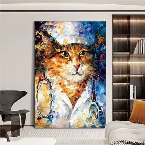 

Handmade Hand Painted Oil Painting Wall Modern Abstract Cat Painting Pattle Knife Art Canvas Painting Home Decoration Decor Rolled Canvas No Frame Unstretched