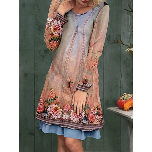

Women's Casual Dress Shift Dress Floral Dress Mini Dress Dusty Rose Long Sleeve Graphic Print Fall Spring Autumn V Neck Fashion Daily Fall Dress 2023 S M L XL