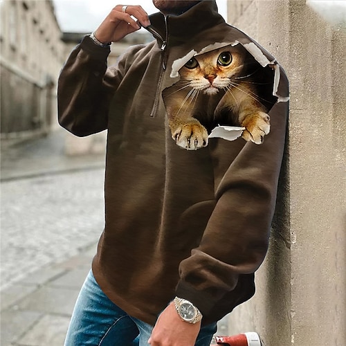 

Homme Sweat zippé Sweat Marron Demi fermeture éclair Animal Chat Imprimés Photos Zippé Imprimer du quotidien Des sports 3D effet basique Design Casual Printemps Automne Vêtement Tenue Pulls Capuche