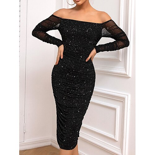 

kvinders semi-formelle kjole skedekjole formel cocktailfest midikjole stilfuld off shoulder langærmet mesh rygløs 2023 regular fit sort ren farve s m l