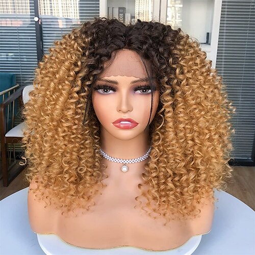 

parrucche frontali in pizzo riccio per donne nere parrucca anteriore in pizzo biondo omber hd pre pizzicata con radici di capelli scuri bob sintetico parrucca afro crespa capelli corti ricci frontali