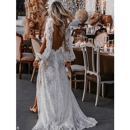 

Spiaggia / Destinazione Sensuale Boho Abiti da sposa Strascico a terra Linea-A Manica lunga A V Di pizzo Con Con applique Spacco sul davanti 2023 Primavera estate Abiti da sposa