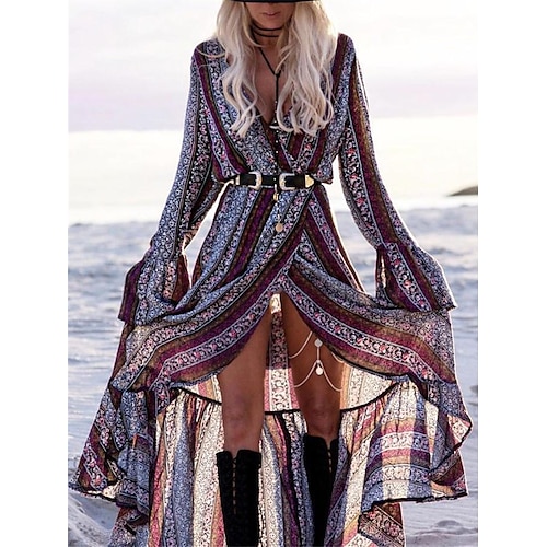 

Dame Lang kjole Maxikjole Uformell kjole Kjole med A-linje Boho-kjole Blomstret Mote Bohemsk Daglig Ferie Feriereise Drapering Assymetrisk Langermet V-hals Kjole Løstsittende Lilla Vår Sommer S M L XL