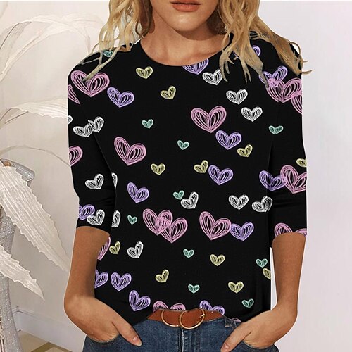 

Women's T shirt Tee Black Yellow Pink Heart Star Print Long Sleeve Valentine Weekend Basic Round Neck Regular Painting Couple S