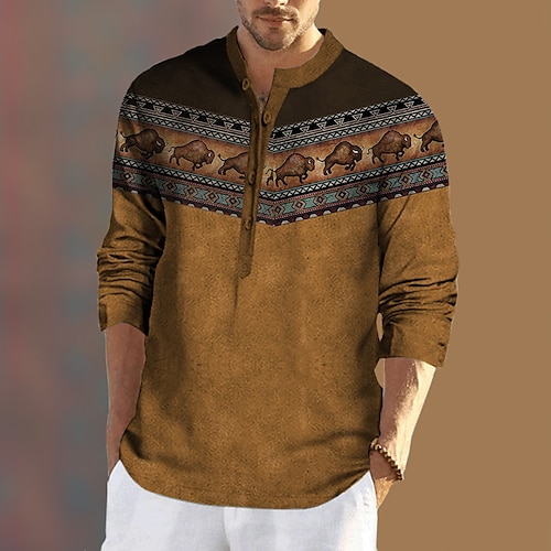 

Men's Shirt Tribal Graphic Prints Vintage Stand Collar Blue Brown Gray Outdoor Street Long Sleeve Button-Down Print Clothing Apparel Vintage Designer Ethnic Style Casual