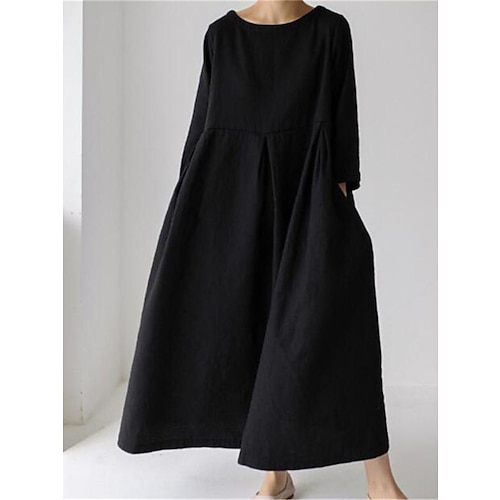 

Women's Cotton Linen Dress Casual Dress Swing Dress Maxi long Dress Cotton Blend Basic Classic Outdoor Daily Crew Neck Pocket Smocked Long Sleeve Summer Spring Fall 2023 Loose Fit Black Yellow Green