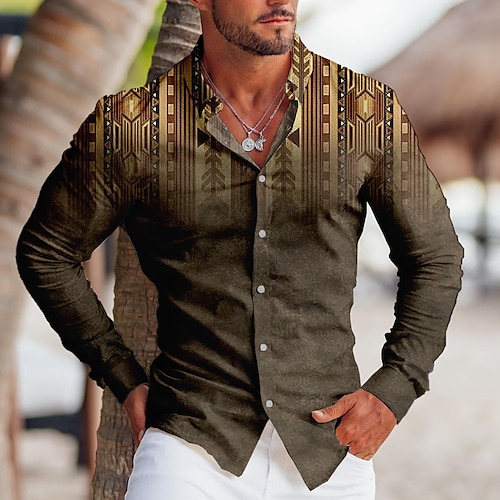 

Hombre Camisa Tribal Estampados Geometría Cuello Vuelto Amarillo Azul Piscina Morado Verde Trébol Exterior Calle Manga Larga Abotonar Estampado Ropa Deportes Moda Ropa de calle Design