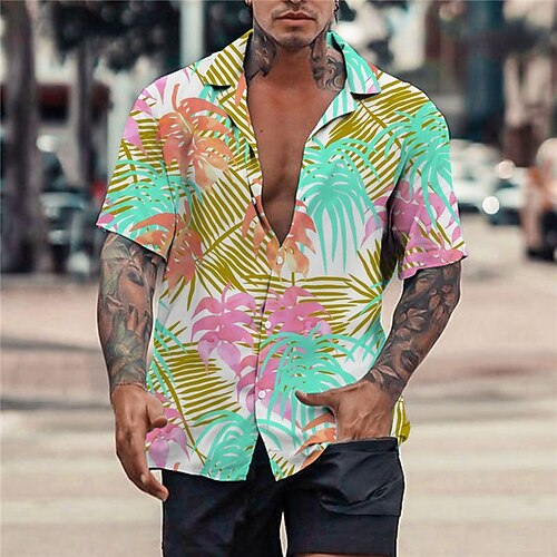 

Men's Shirt Summer Hawaiian Shirt Graphic Prints Leaves Turndown Yellow Blue Casual Holiday Short Sleeve Button-Down Print Clothing Apparel Tropical Fashion Hawaiian Soft