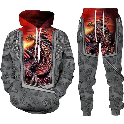 

Homme Ensemble Survetement Ensemble de sweats à capuche Vin Rouge Capuche Graphic Dragon 2 Pièces Imprimer Sport Loisir Casual Des sports 3D effet basique Vêtement de rue Design Automne Printemps