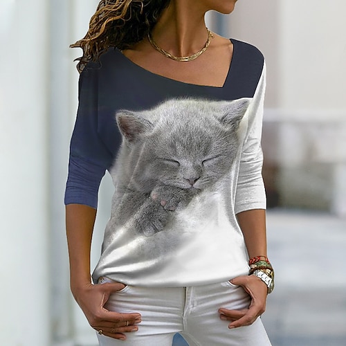 

Per donna maglietta Blu marino Gatto 3D Stampa Manica lunga Per eventi Fine settimana Essenziale A V Standard Gatto 3D Pittura S