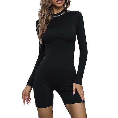 

Women's Romper High Waist Solid Color Stand Collar Active Sport Daily Regular Fit Long Sleeve Black S M L Spring