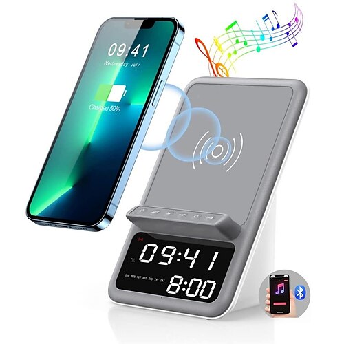 

Electric Alarm Clock With Wireless Charging Stand Desktop Phone Holder Charger For Samsung Phone Temperature LCD Digital Clock