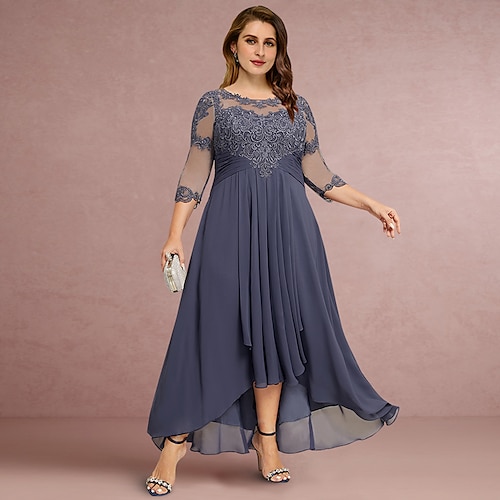 

A tubino Abito da cerimonia per signora Invitati del matrimonio Elegante Con decorazione gioiello Asimmetrico Chiffon Di pizzo Manica a 3/4 con A pieghe Tinta unita 2023