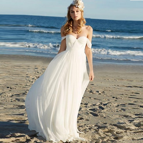 

Spiaggia / Destinazione Sensuale Boho Abiti da sposa Lungo Linea-A Senza maniche Senza spalline Chiffon Con A pieghe Tinta unita 2023 Primavera estate Abiti da sposa