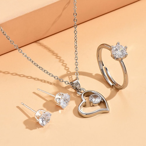 

I monili nuziali 1 set Zircone cubico Rame 1 collana 1 anello Orecchini Per donna delicato Semplice Dolce Classico Cuori Parure di gioielli Per Ufficio Compleanno Regalo