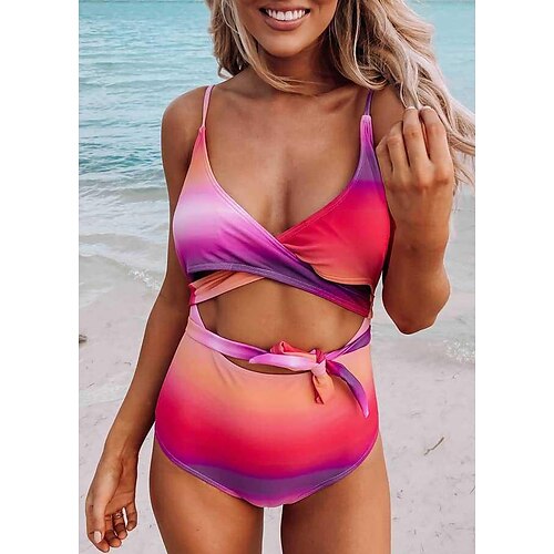

Women's Swimwear One Piece Normal Swimsuit Cut Out Printing Gradient Color Red Bodysuit Bathing Suits Sports Summer
