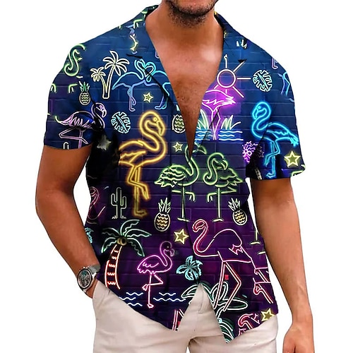 

Men's Shirt Summer Hawaiian Shirt Flamingo Graphic Prints Lights Turndown Blue Street Casual Short Sleeves Button-Down Print Clothing Apparel Tropical Fashion Hawaiian Designer