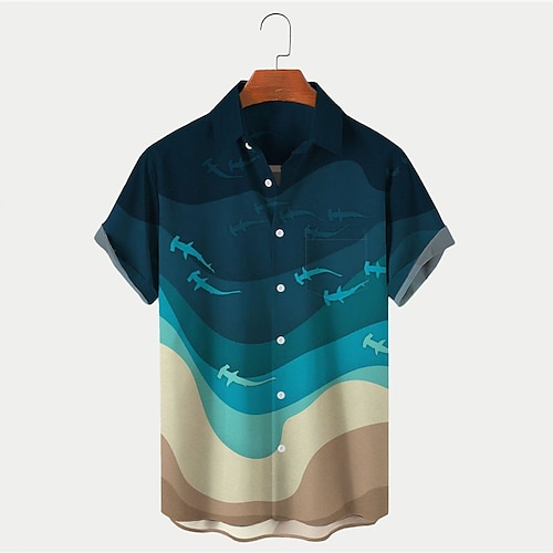 

Men's Shirt Summer Hawaiian Shirt Shark Graphic Prints Ocean Turndown Blue Outdoor Street Short Sleeves Button-Down Print Clothing Apparel Tropical Fashion Hawaiian Designer